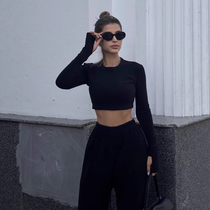 Kvinne Crop Fleece Topp med Bred Bukse Skjora