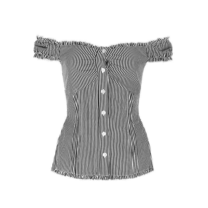 Dame Off-Shoulder Bluse med fine ruffle-detaljer og stripete mønster Skjora