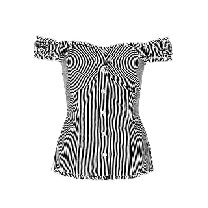 Dame Off-Shoulder Bluse med fine ruffle-detaljer og stripete mønster Skjora