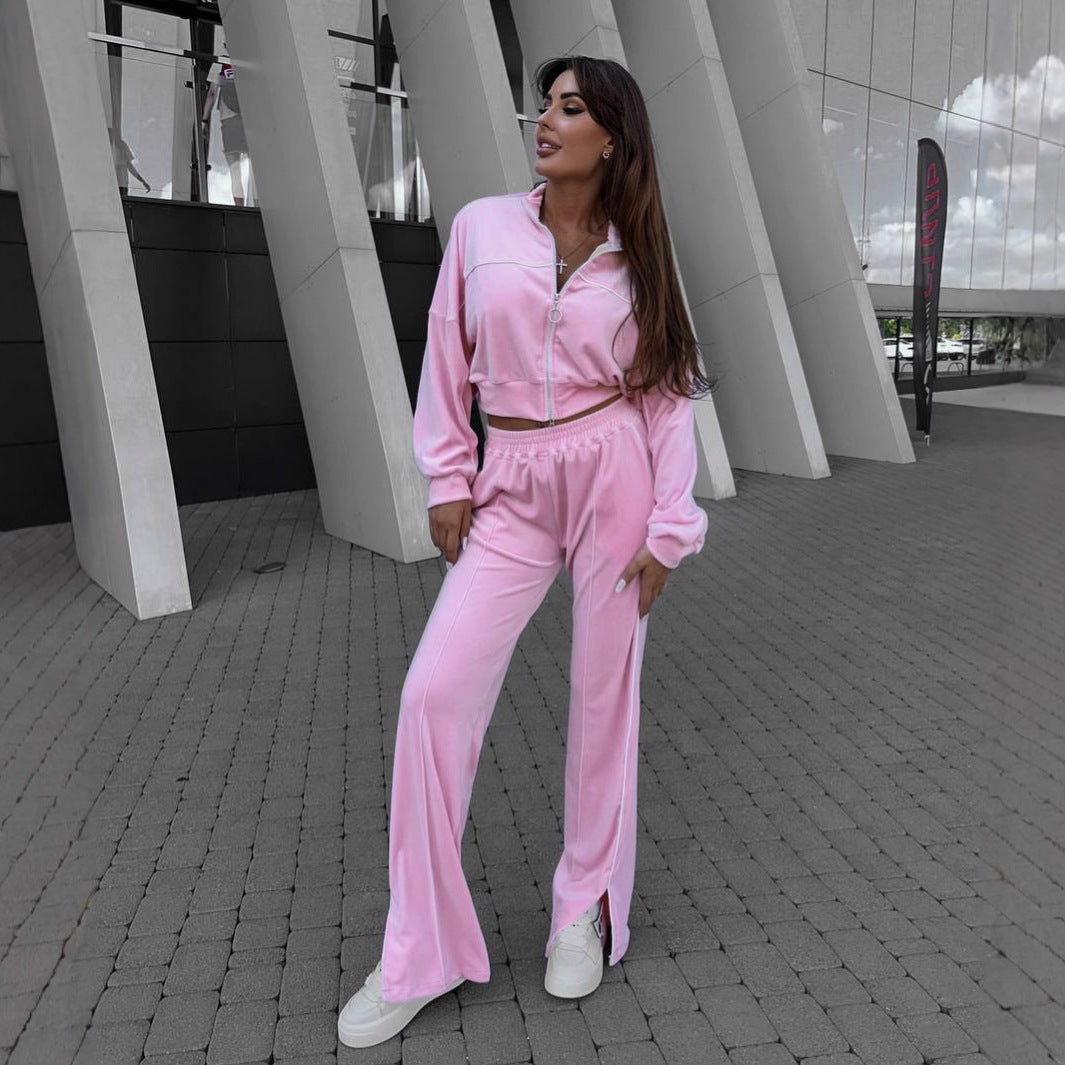 Damer Sporty Fleece Loungewear Sett med cropped jakke og komfortable bukser Skjora