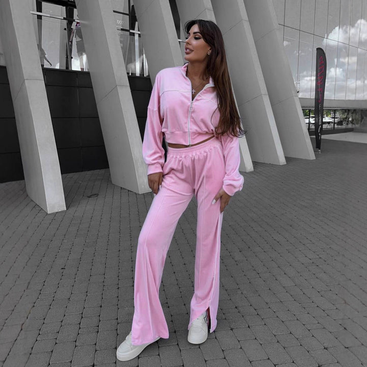 Damer Sporty Fleece Loungewear Sett med cropped jakke og komfortable bukser Skjora