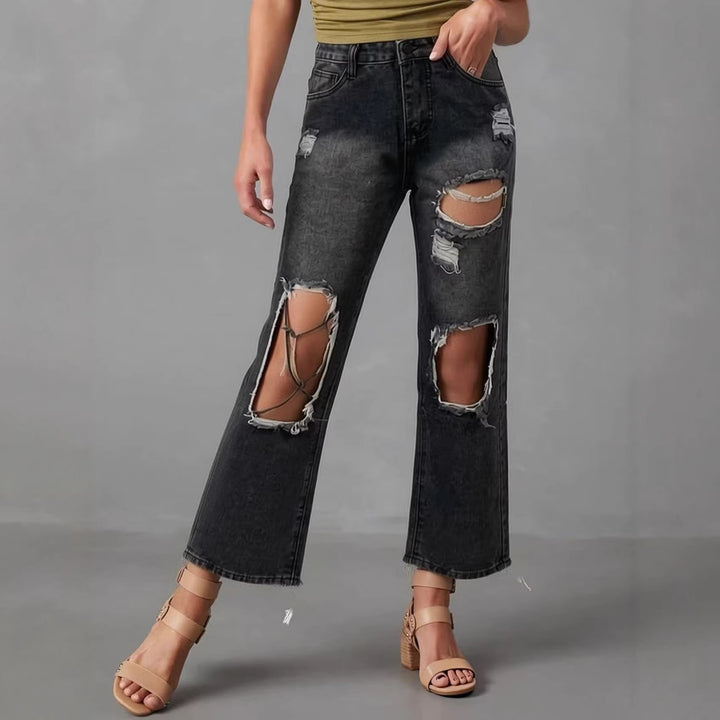 Dame distressed Mom Jeans med trendy Cut-Out-detaljer Skjora