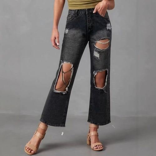 Dame distressed Mom Jeans med trendy Cut-Out-detaljer Skjora