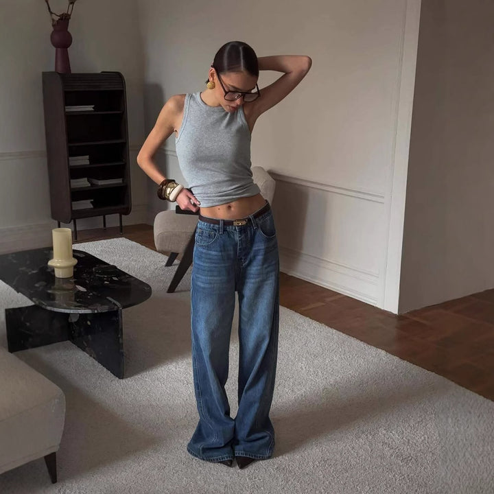Kvinnelige brede jeans med høy midje og avslappet passform Skjora