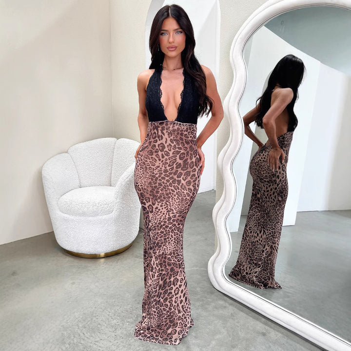 Damen Elegantes Leoparden-Maxi-Kleid mit tiefem V-Ausschnitt und raffinierten Spitzenbesätzen Skjora