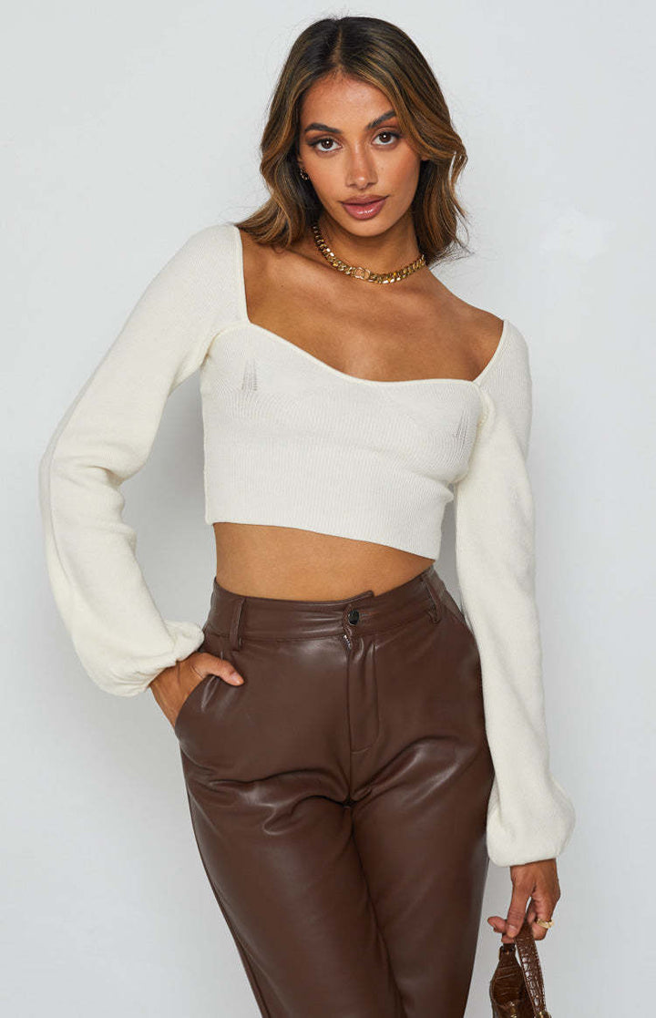 Dame casual crop-top med vid arm og ribbestruktur Skjora