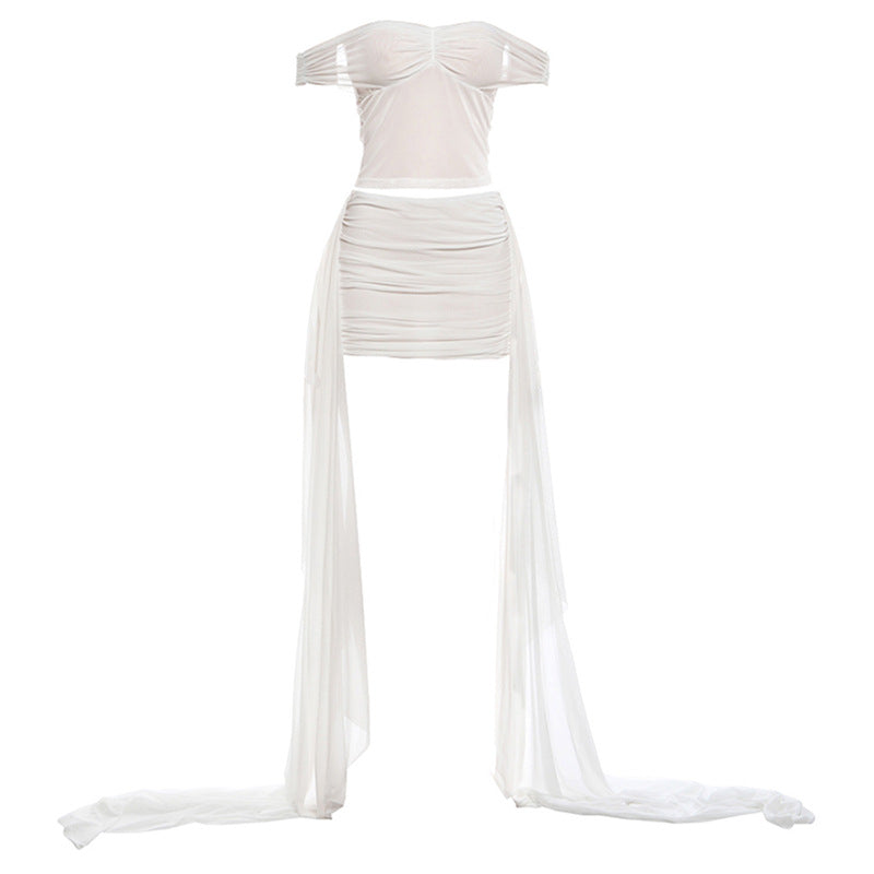 Dame Off-Shoulder Minikjole med flytende chiffon og rynking Skjora