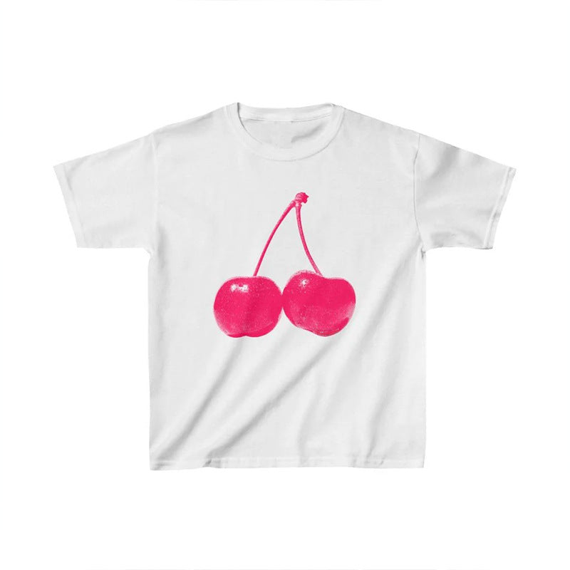 Dame cropped T-skjorte med friskt kirsebærmotiv Skjora