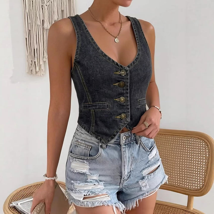 Dame Denim Bustier-Top med knappdetaljer og forlenget silhuett Skjora