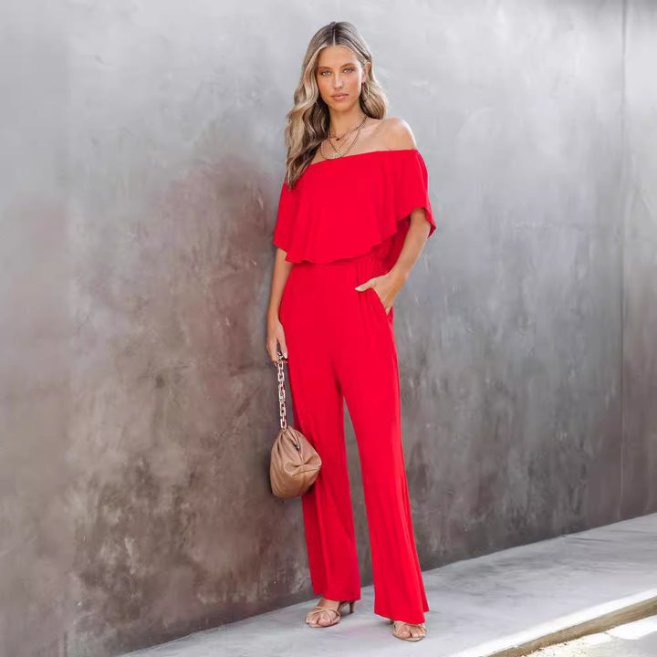 Dame Off-Shoulder Jumpsuit med vid ben og elastisk belte Skjora