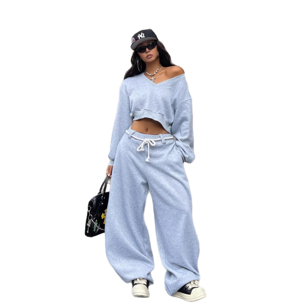 Kvinne casual crop topp og vide bukser sett Skjora