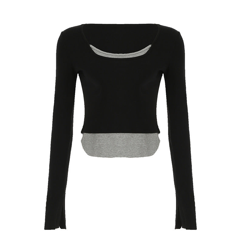 Dame Langarm Crop-Top med dobbelt U-båt-utskjæring og raffinert design Skjora