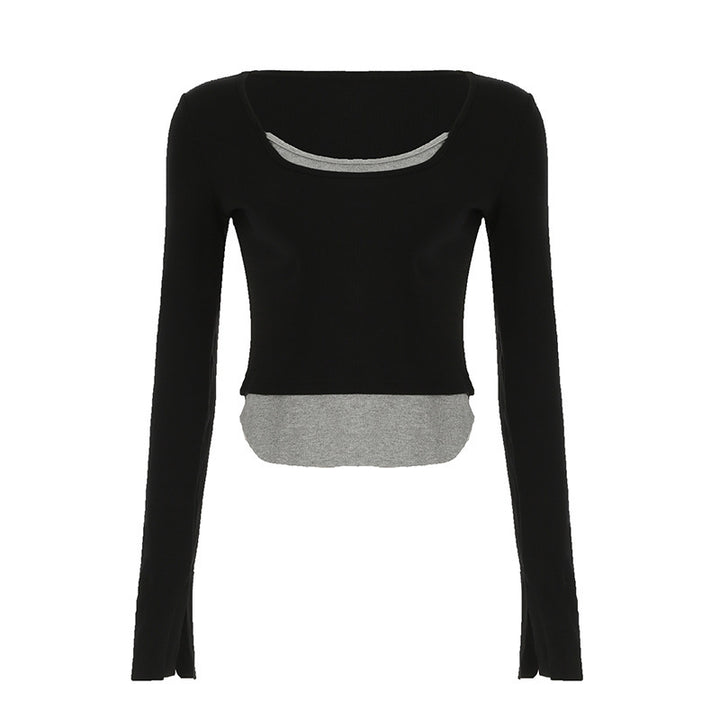 Dame Langarm Crop-Top med dobbelt U-båt-utskjæring og raffinert design Skjora