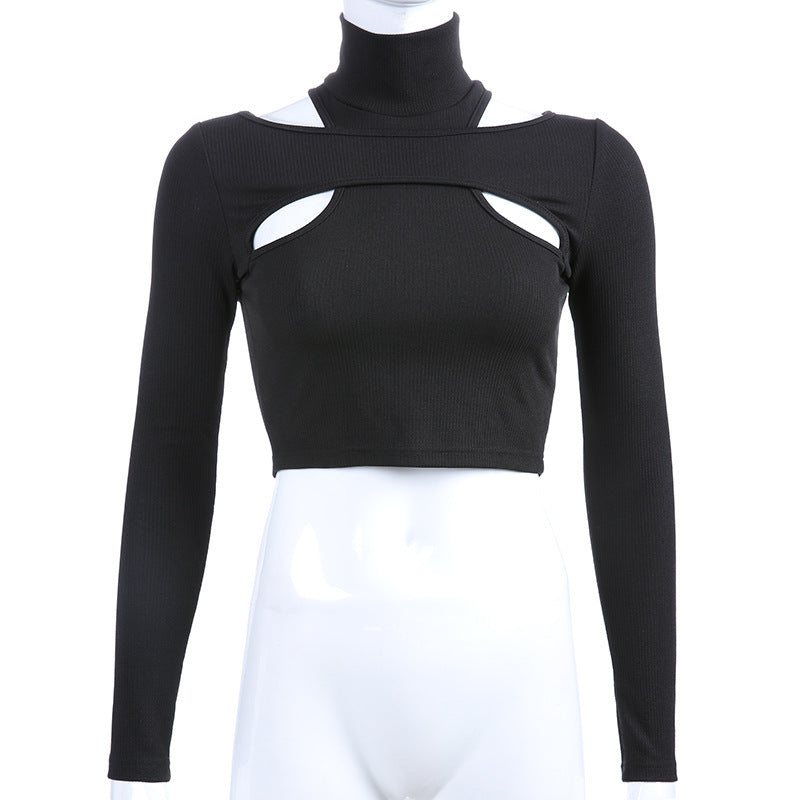 Dame trendy topp med cut-outs og høy krage Skjora