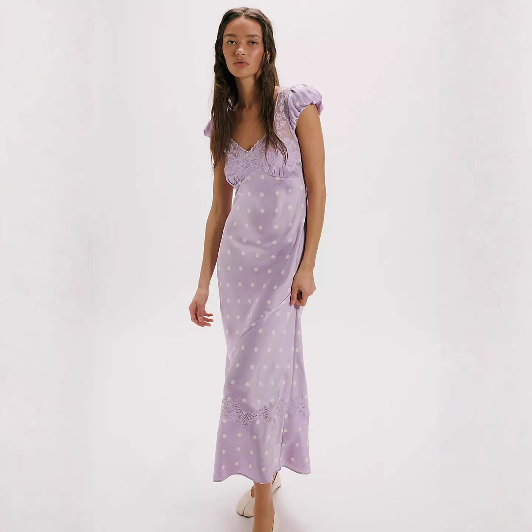 Damen Elegantes Maxikleid mit Polka-Dots und romantischem Rückenausschnitt Skjora