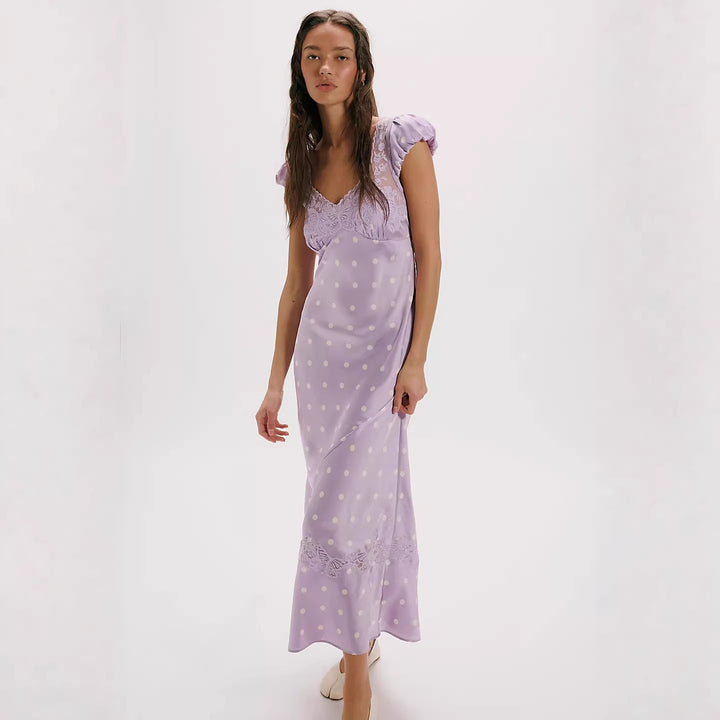Damen Elegantes Maxikleid mit Polka-Dots und romantischem Rückenausschnitt Skjora