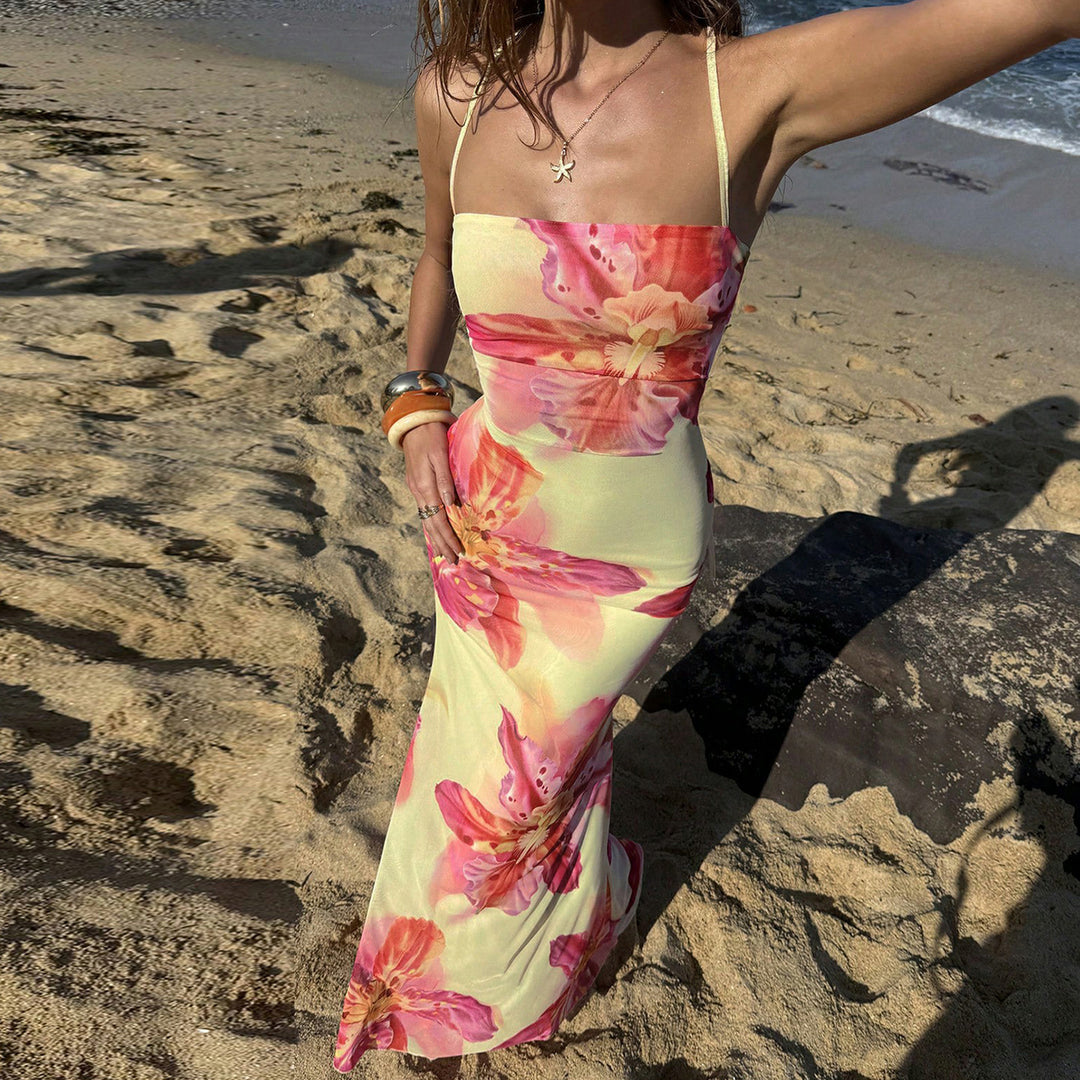 Dame maxikjole med blomstermønster og spagettistropper Skjora
