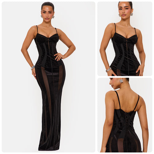 Dame Bodycon Kjole med sofistikert korsett topp og transparente innsatser Skjora