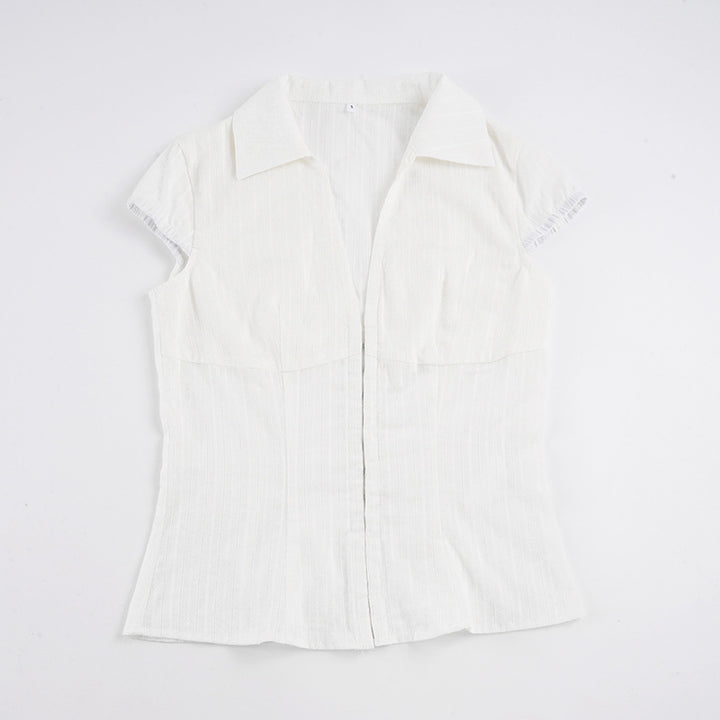 Dame Elegant kortermet bluse skjorte med stilig ståkrage og glidelås Skjorta