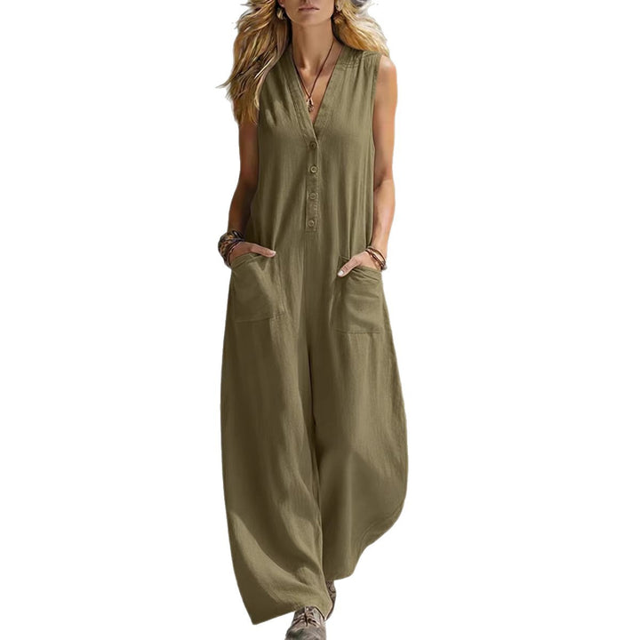 Dame jumpsuit med dyp V-halsing og praktiske lommer Skjora