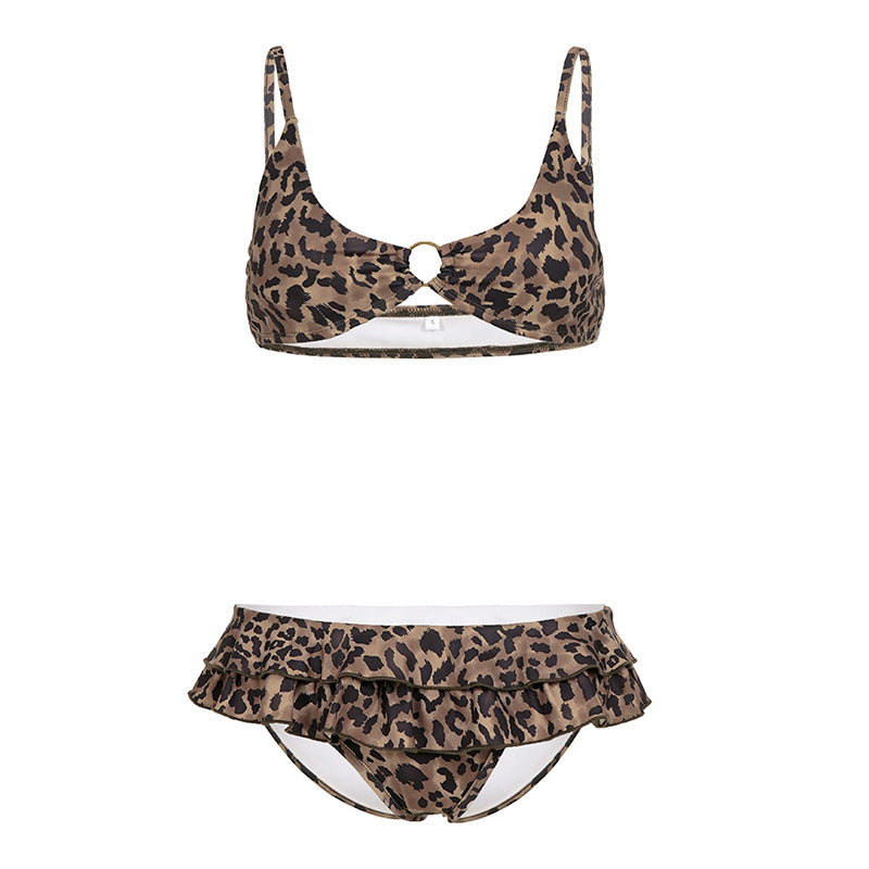 Dame bikini-sett med volangdetaljer og leopardmønster Skjora