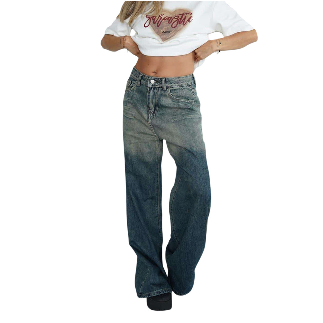 Dame løse høye midjejeans med trendy fargeforløp og vide ben Skjora