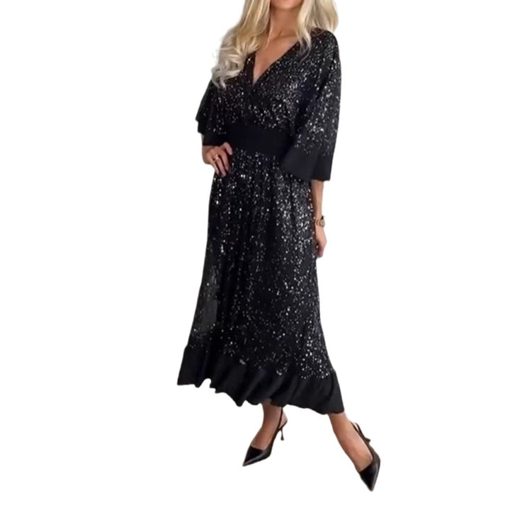 Damer Glamorous Kveldsdrakt med Glitrende Detaljer og Voluminøse Ermer Skjora