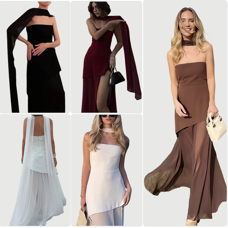 Dames Elegant Maxi Kjole med Asymmetrisk Snitt og Stilfull Splitt