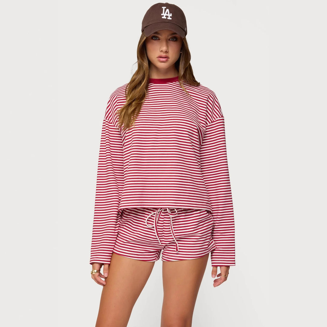 Damer Løs stripete loungewear-sett med langermet topp og shorts Skjora
