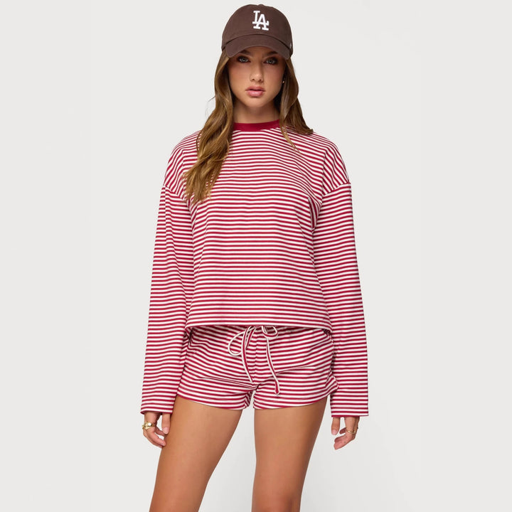 Damer Løs stripete loungewear-sett med langermet topp og shorts Skjora