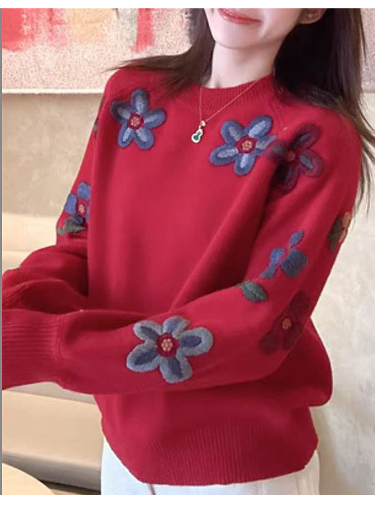 Damers motesweater med blomsterbroderi design Skjora