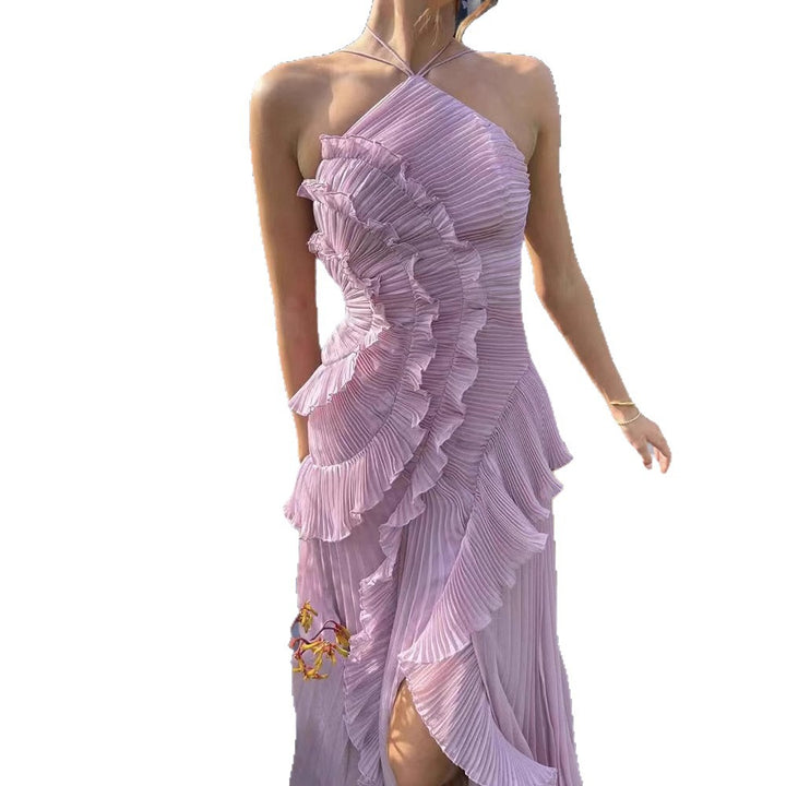Women's Elegant Wrapped Dress with Flowing Pleated Skirt and Asymmetrical Ruffle Details