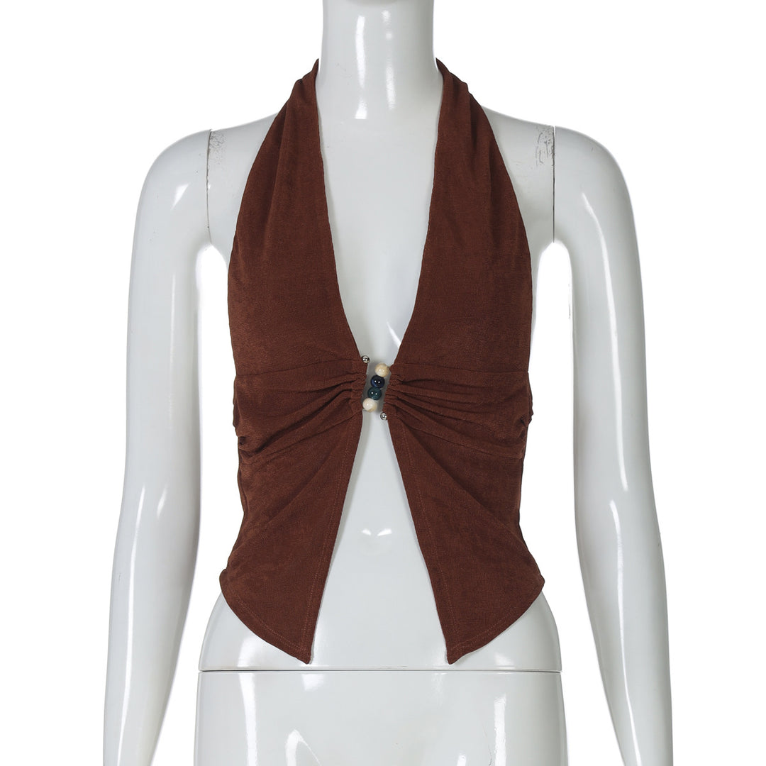 Women's halter top with elegant ruching and decorative beads Skjora