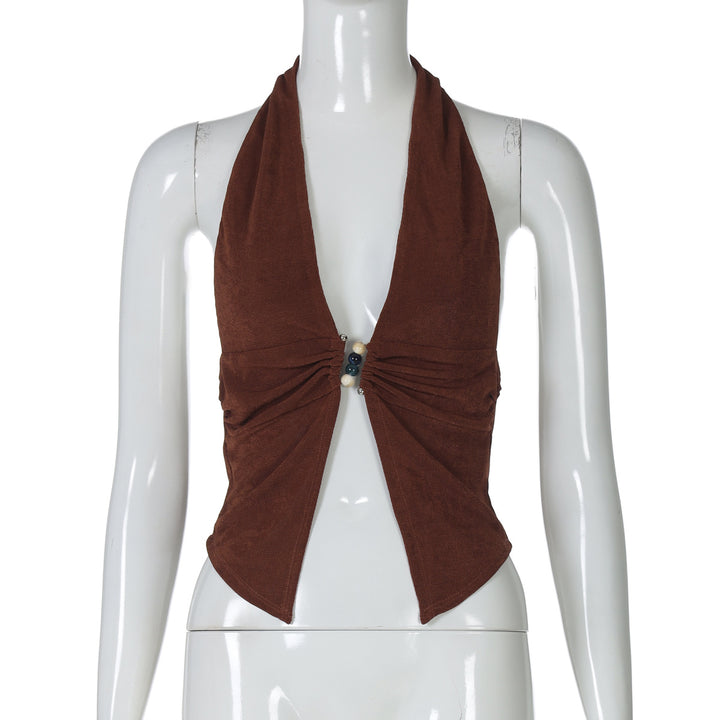 Women's halter top with elegant ruching and decorative beads Skjora