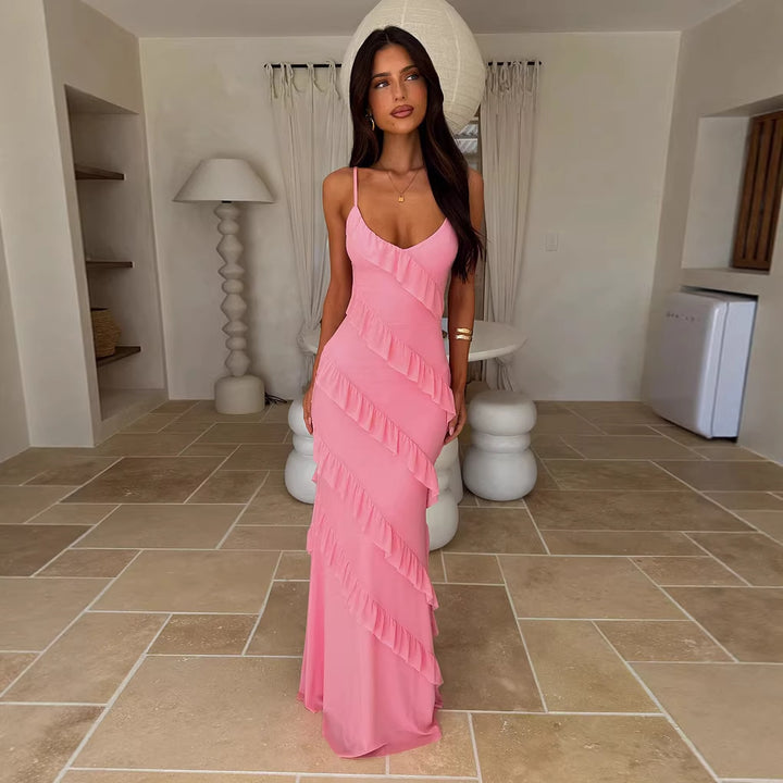 Dame maxi kjole med elegant volangdesign og justerbare stropper Skjora