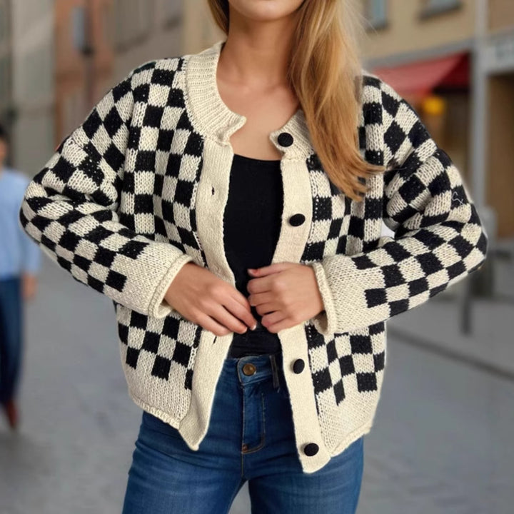 Kvinne mønstrede cardigan med store knapper og løs passform Skjora