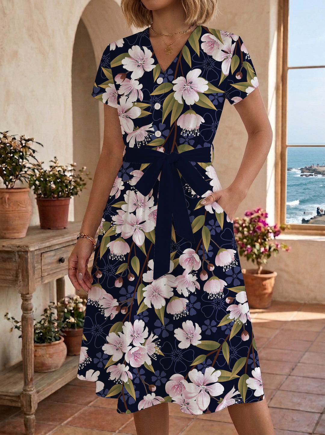 Damen Midikleid mit floralem Muster und Taillengürtel Skjora
