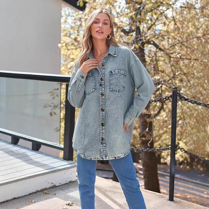 Dame Oversized Denim-skjorte med påsydde lommer Skjora