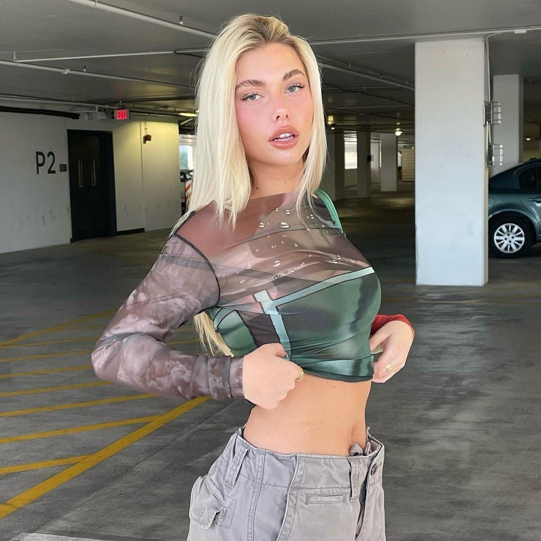Dame Langermet Crop-Top med gjennomsiktige aksenter og grafisk design Skjora