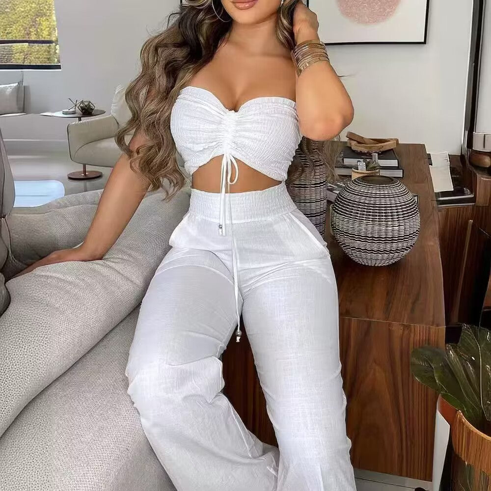 Dame To-delt Outfit laget av lett materiale med justerbar Crop-top og høy midje bukse Skjora