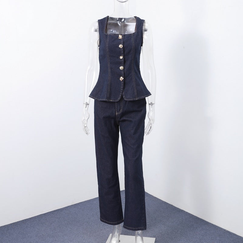 Dame Jeans-Overall med innsnørt silhuett og elegante knappedetaljer