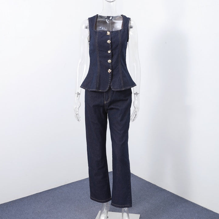 Dame Jeans-Overall med innsnørt silhuett og elegante knappedetaljer