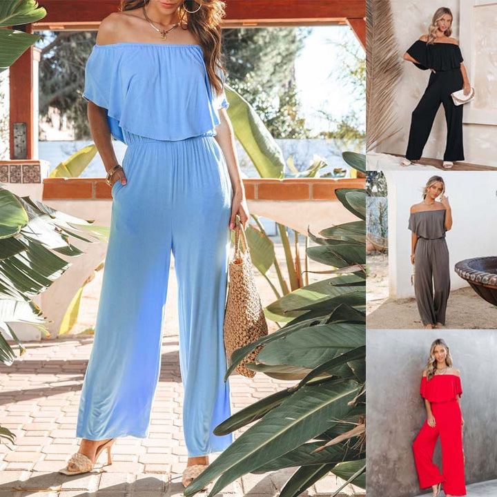 Dame Off-Shoulder Jumpsuit med vid ben og elastisk belte Skjora