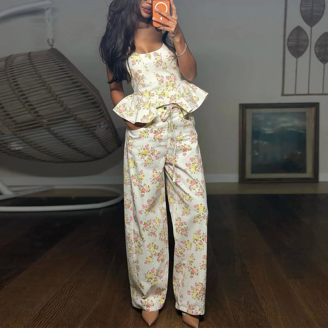 Dame To-dels Sett med Blomstrete Topp og Vide Bukser