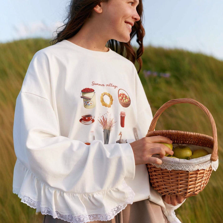 Kvinne sweatshirts med dekorativ blonderkant og fargerik grafisk trykk Skjora