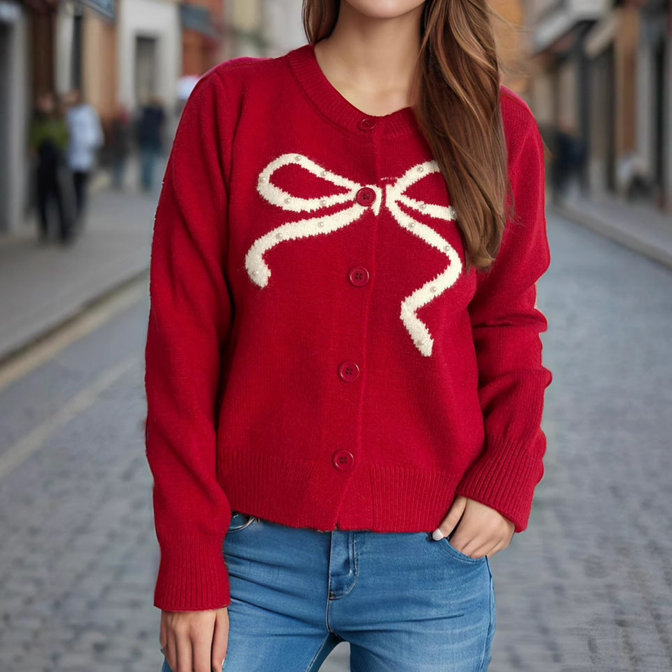 Kvinners koselige cardigan med bue-motiv Skjora