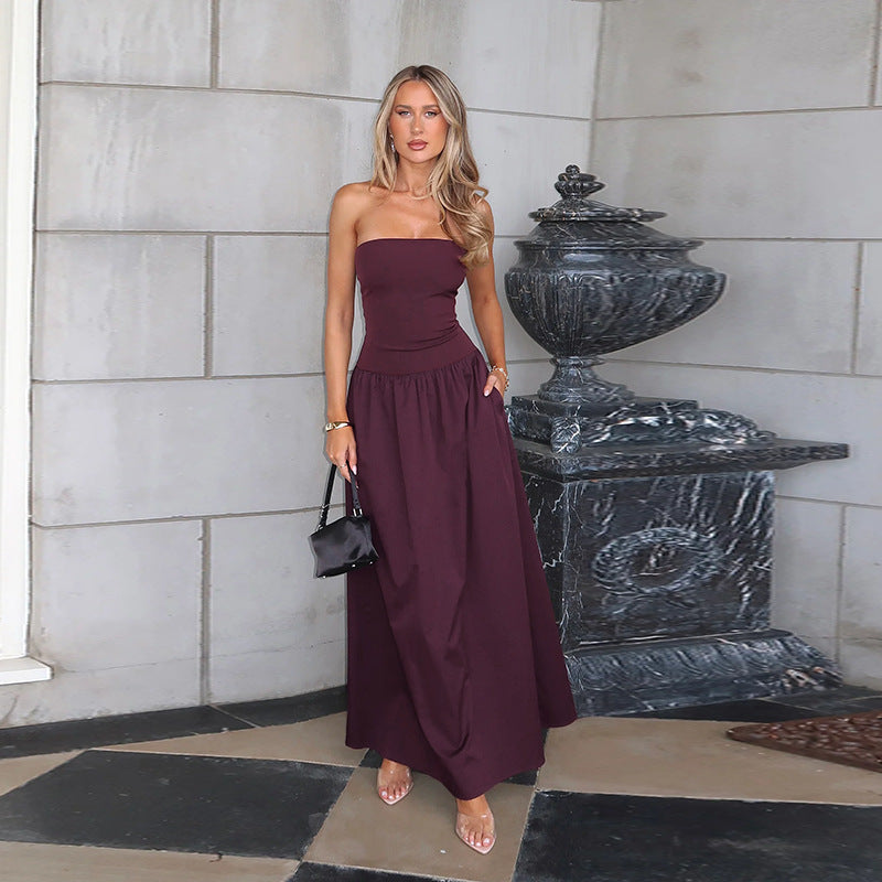 Damer elegant Bandeau-Maxi-kjole med svingende skjørt og elastisk midje Skjora