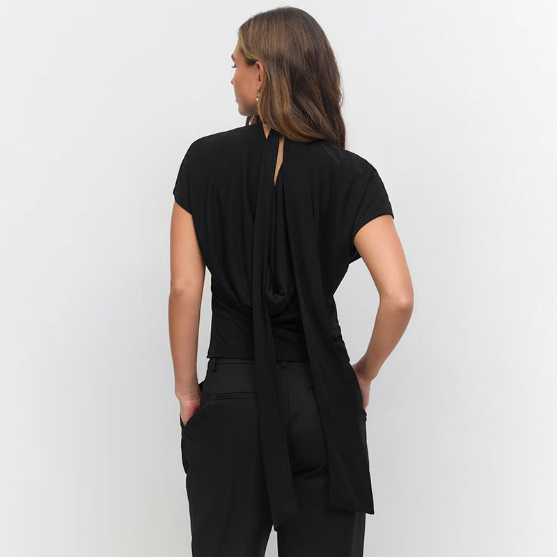 Dame Cropped topp med høy mot hals krage og voluminøse ermer Skjora