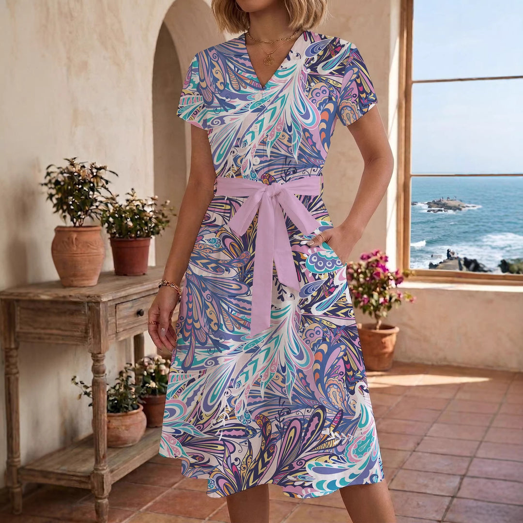 Damen Sommerliches Kleid mit taillierbarem Bindegürtel und floralem Muster Skjora