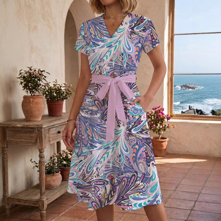 Damen Sommerliches Kleid mit taillierbarem Bindegürtel und floralem Muster Skjora